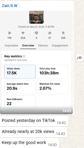 Client sharing TikTok analytics — 17.5K views, 'Already nearly at 20k views, keep up the good work'